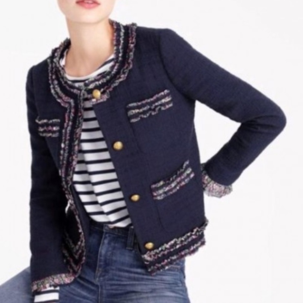 J. Crew Lady Blazer Liberty Trim Navy Tweed Jacket Navy Blue Floral Women’s 0